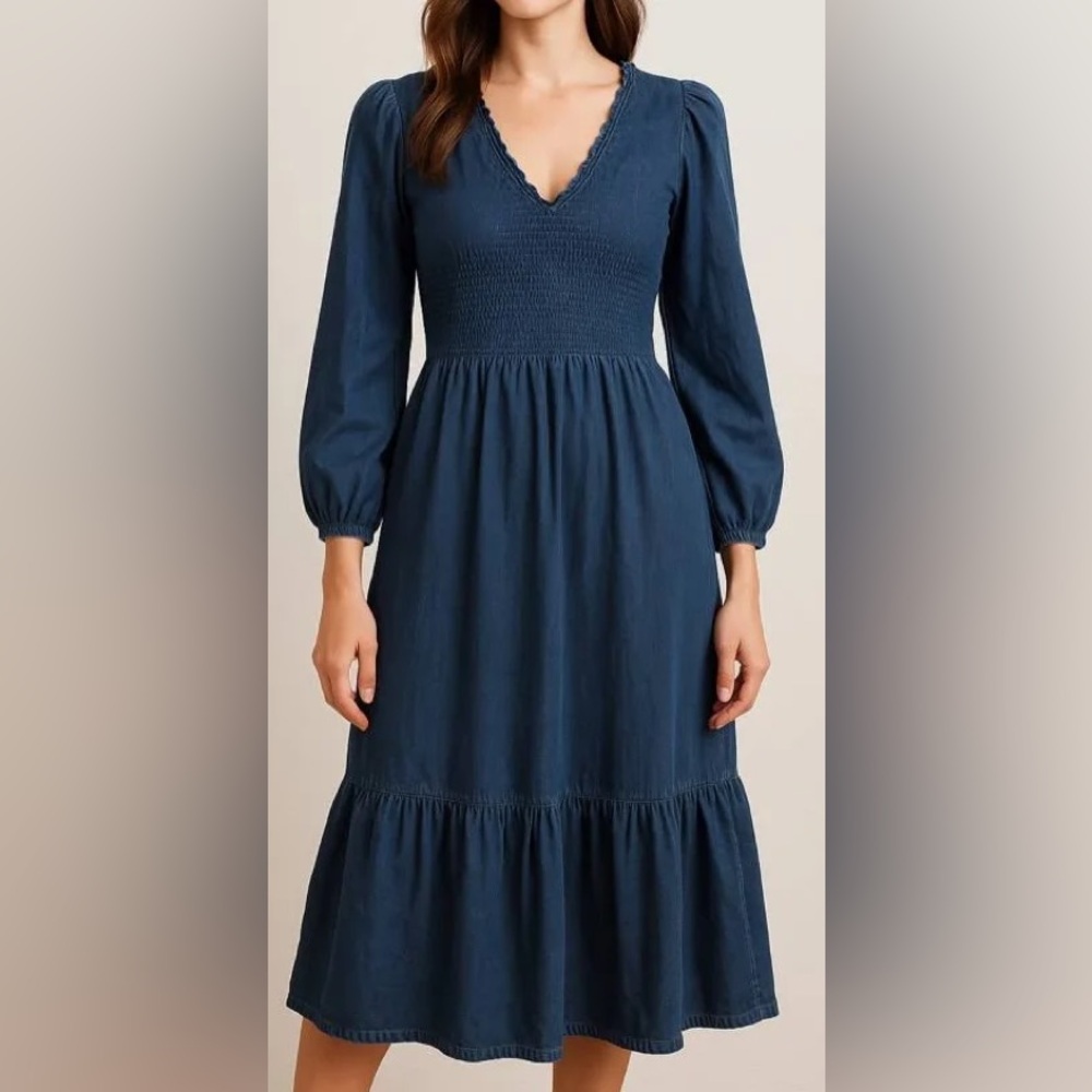 Old Navy Smocked Bodice Midi Dress Tiered Denim Lyocell Medium M - Picture 1 of 9